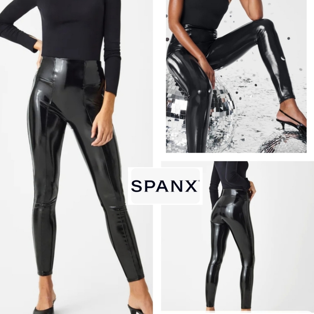 Spanx Black Faux Patent Leather High Rise Black Leggings